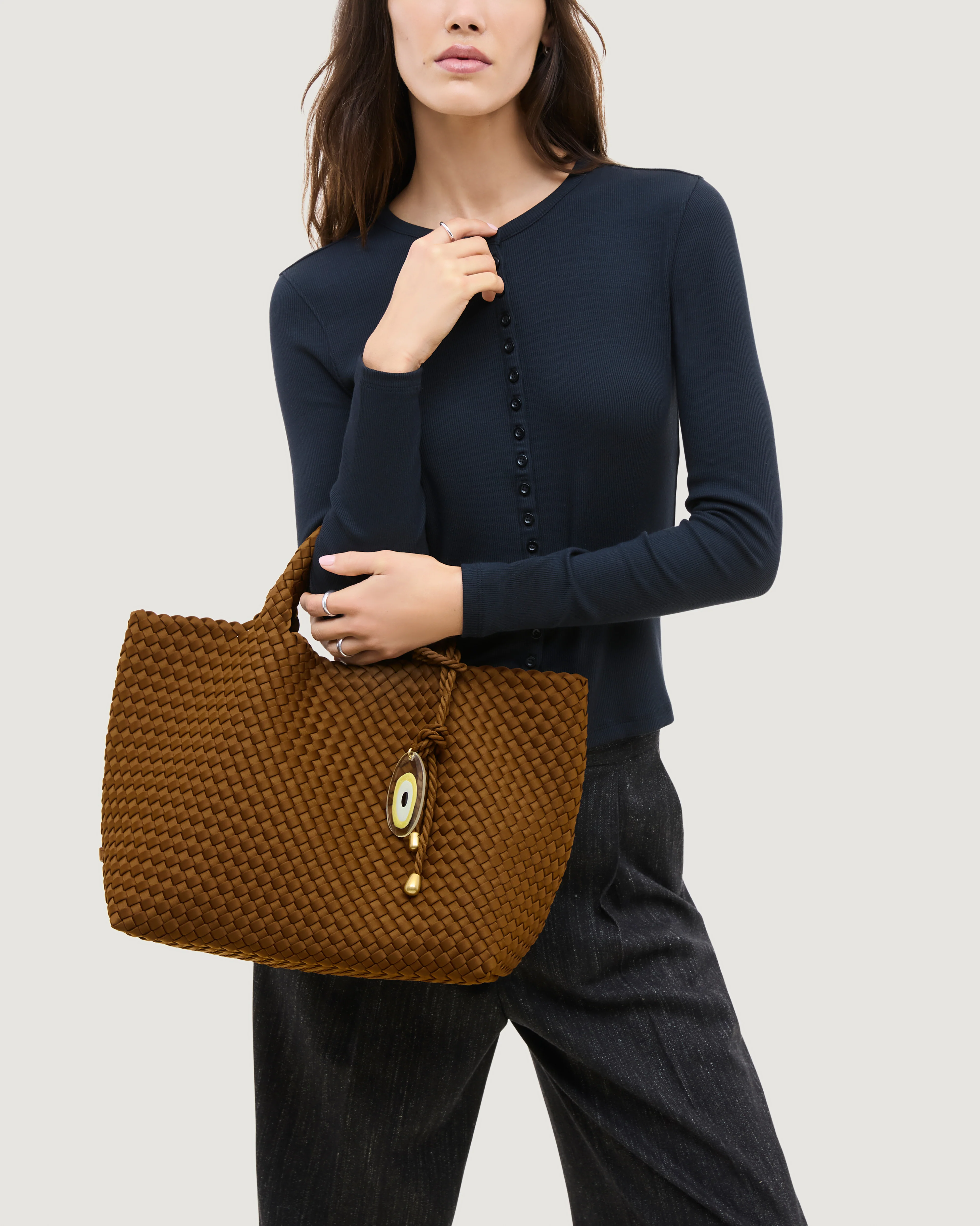 St. Barths Medium Tote with Evil Eye Charm | Teak - Image 5